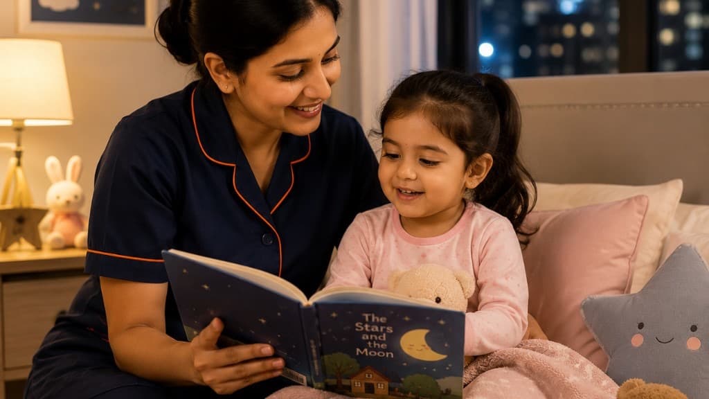 A nanny reading a bedtime story to a child