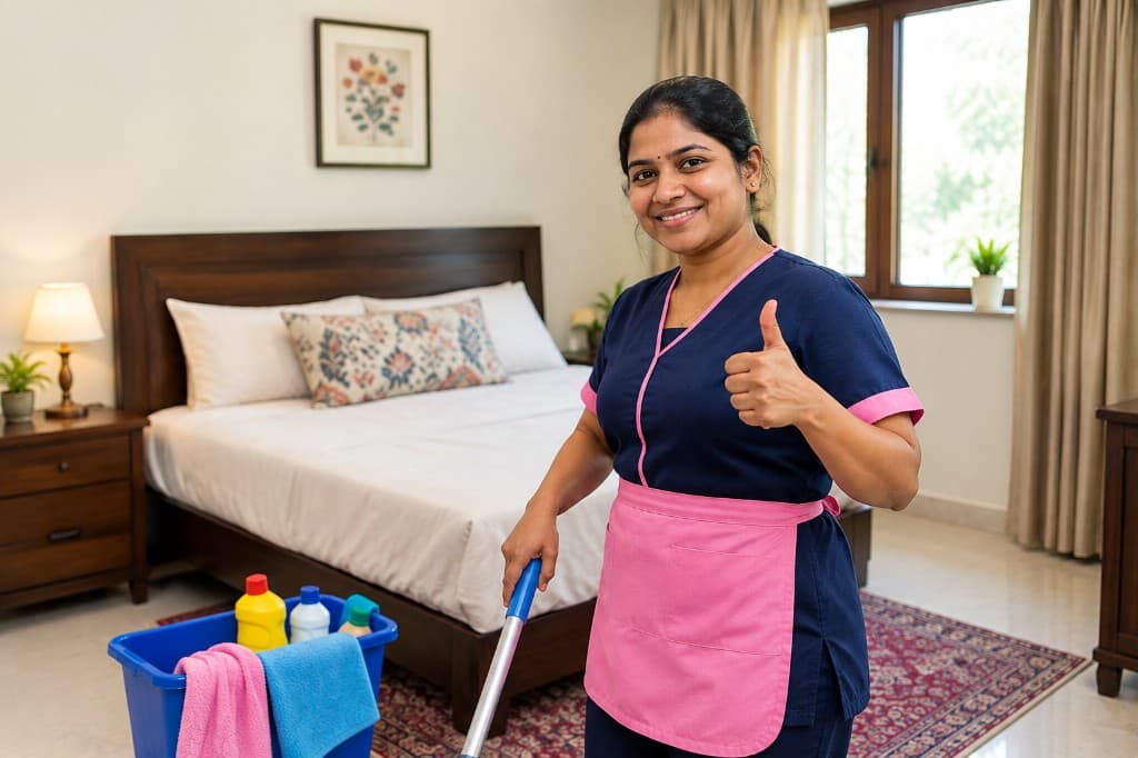 Professional house help giving a thumbs-up in a clean home