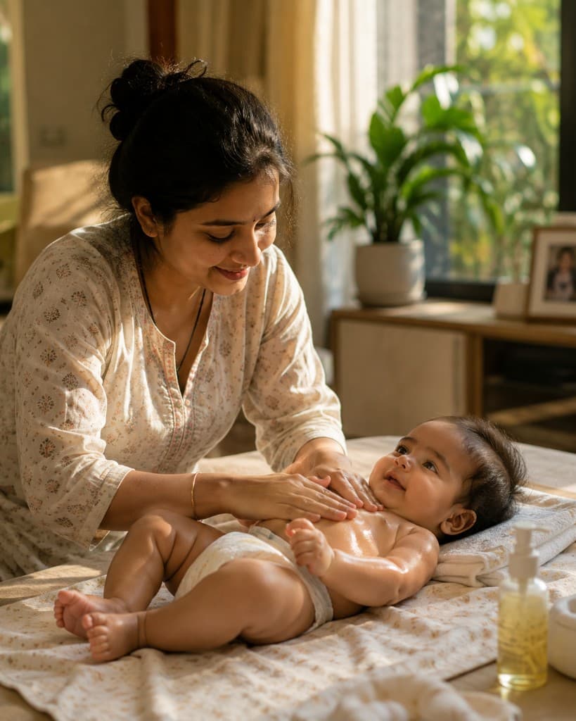 Trusted caregiver with a baby at home